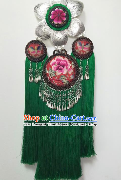 Handmade China Women Embroidered Jewelry Accessories National Silver Necklet Traditional Ethnic Green Tassel Necklace