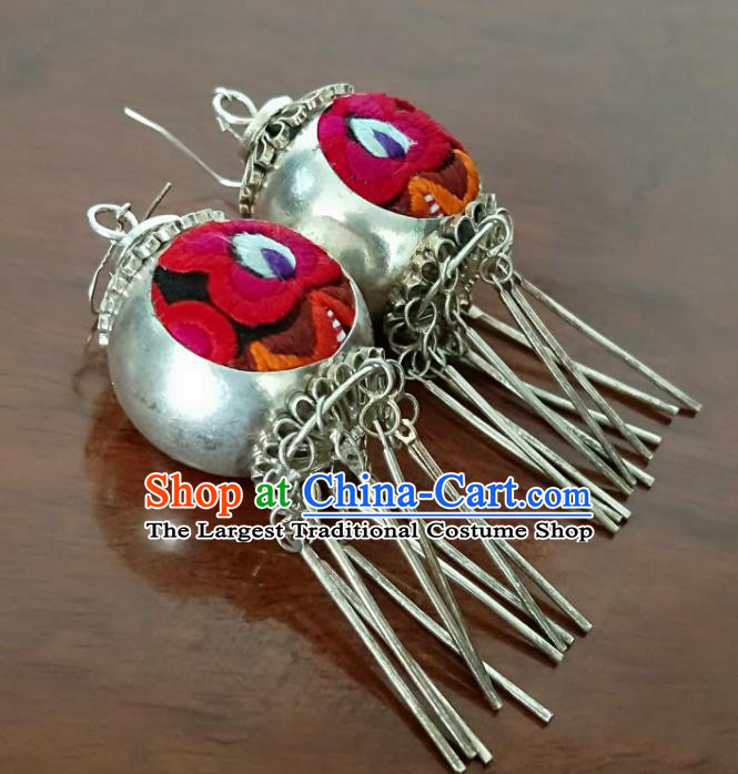 Handmade China National Silver Earrings Traditional Ethnic Women Jewelry Embroidered Ear Accessories
