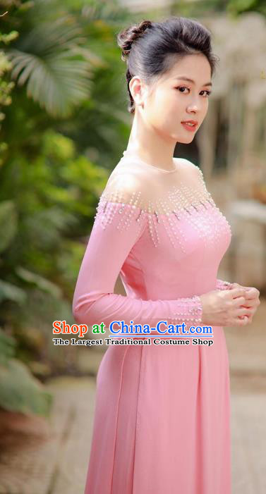 Asian Vietnam Classical Beads Ao Dai Qipao Traditional Vietnamese Costumes Pink Cheongsam Dress and Pants for Women