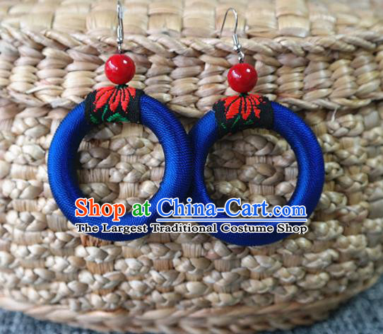 Handmade China National Eardrop Traditional Miao Nationality Ear Accessories Ethnic Royalblue Waxed Thread Earrings