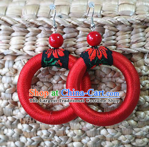 Handmade China Traditional Miao Nationality Ear Accessories Ethnic Red Waxed Thread Earrings