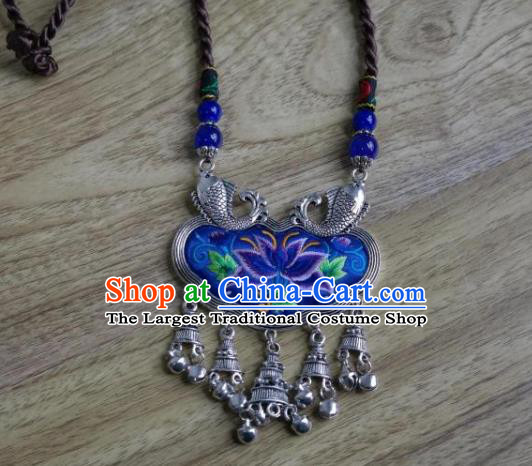 Handmade China National Silver Longevity Lock Ethnic Jewelry Accessories Embroidered Lotus Royalblue Silk Necklace