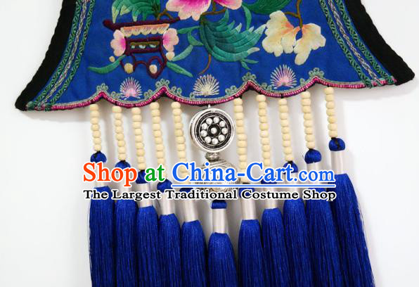 Traditional China Royalblue Tassel Necklace Miao Nationality Embroidered Accessories Handmade Ethnic Silver Jewelry