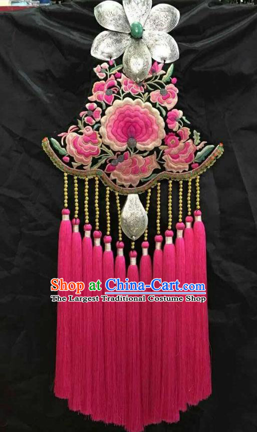 Traditional China Miao Nationality Rosy Tassel Jewelry Handmade Silver Necklace Ethnic Embroidered Accessories