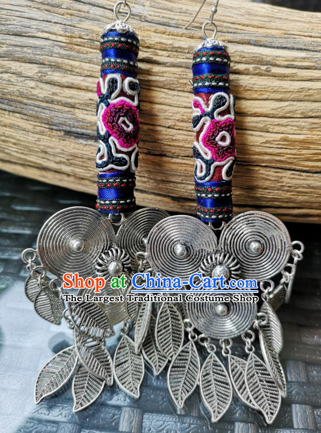 China Women Jewelry National Embroidered Earrings Miao Ethnic Silver Tassel Ear Accessories