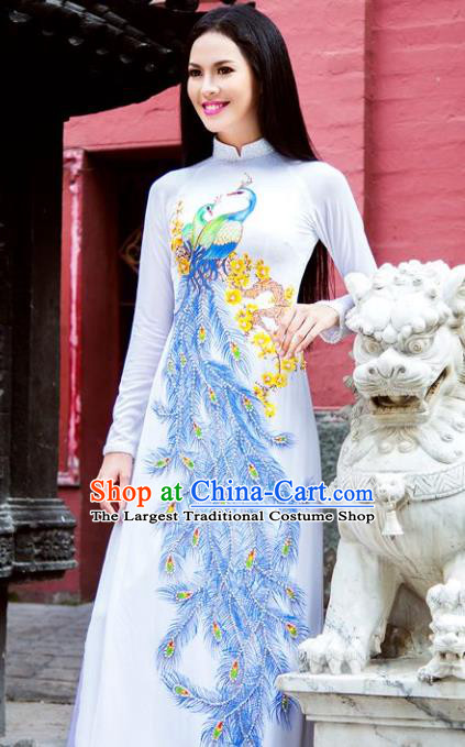 Asian Vietnam Classical Peacock Pattern Ao Dai Qipao Traditional Vietnamese Cheongsam Costumes White Dress and Loose Pants for Women