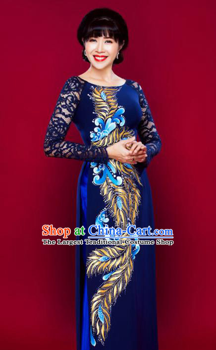 Asian Vietnam Classical Peacock Pattern Ao Dai Qipao Traditional Vietnamese Costumes Blue Lace Cheongsam Dress and Loose Pants for Women