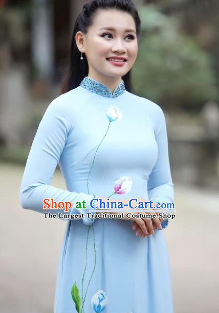 Asian Vietnam Classical Hand Painting Tulip Cheongsam Traditional Vietnamese Costumes Women Blue Ao Dai Qipao Dress and Pants