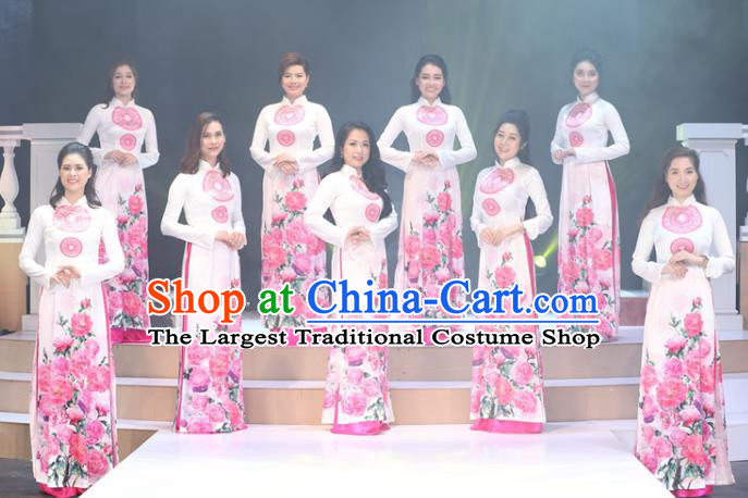 Asian Vietnam Printing Rose Flowers Cheongsam Costumes Traditional Vietnamese Classical White Ao Dai Qipao Dress and Loose Pants