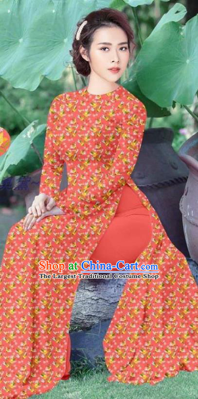 Vietnamese Traditional Ao Dai Dress Women Orange Qipao and Pants Asian Costume Vietnam Custom Cheongsam Uniforms