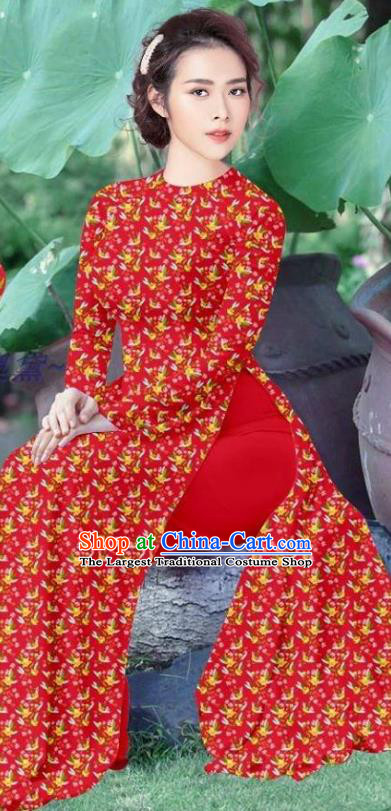 Asian Vietnamese Red Qipao and Pants Women Vietnam Traditional Custom Ao Dai Dress Costume Cheongsam Uniforms