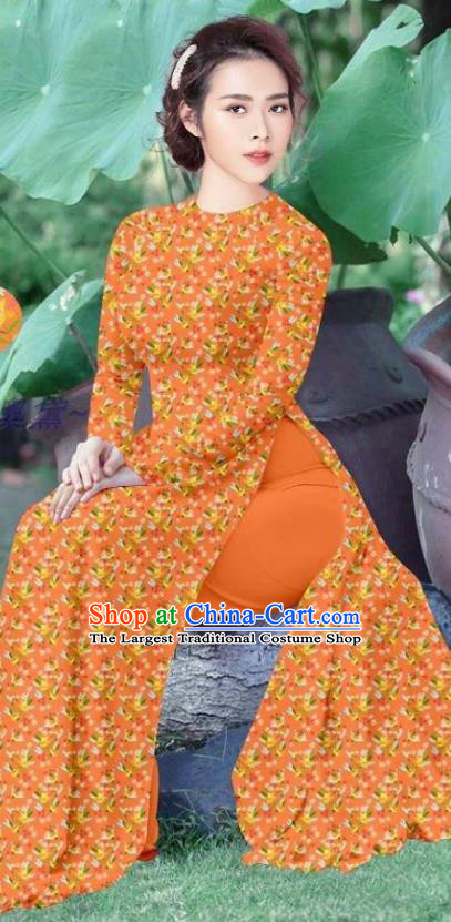 Asian Vietnamese Orange Cheongsam Custom Qipao and Pants Vietnam Traditional Ao Dai Dress Costume Women Uniforms