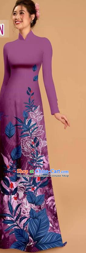 Custom Vietnam Traditional Purple Ao Dai Dress Asian Vietnamese Costume Printing Qipao with Pants Uniforms