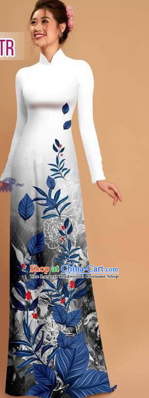 Asian Vietnam Ao Dai Dress Vietnamese Custom Uniforms Traditional Costume Printing White Qipao with Pants