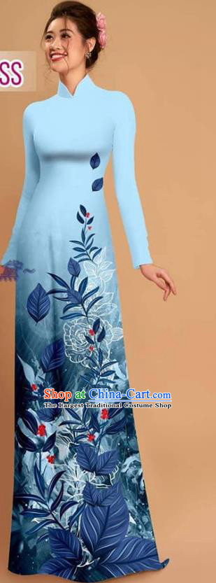 Custom Asian Vietnam Ao Dai Dress Vietnamese Uniforms Traditional Printing Light Blue Qipao with Pants Costume