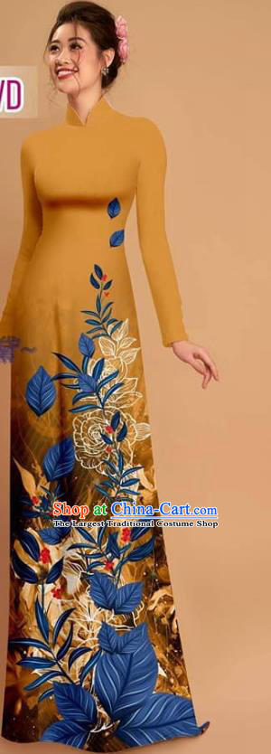 Custom Asian Vietnam Ginger Ao Dai Dress Traditional Printing Qipao with Pants Costume Vietnamese Uniforms