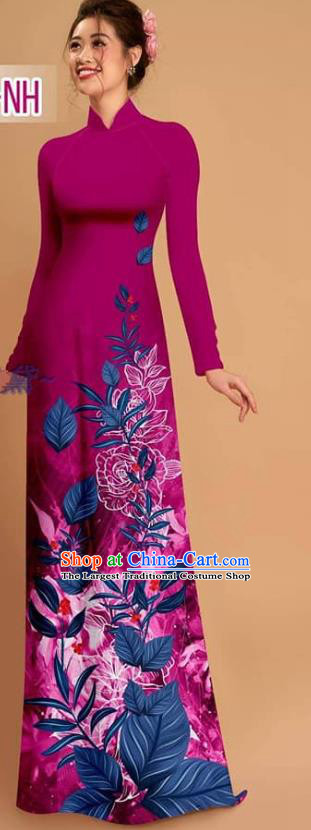 Custom Vietnamese Uniforms Asian Vietnam Traditional Costume Printing Qipao with Pants Amaranth Ao Dai Dress