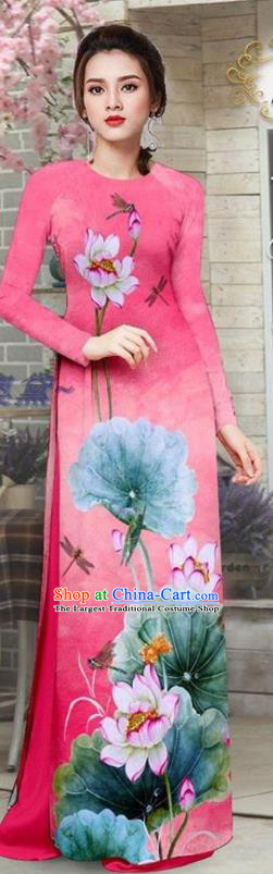 Custom Vietnamese Ao Dai Uniforms Asian Vietnam Traditional Costume Printing Lotus Pink Qipao Dress with Pants