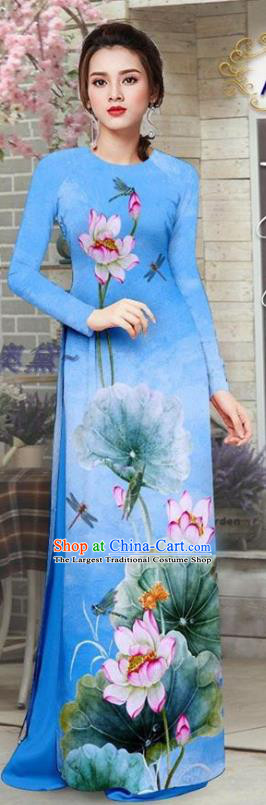 Asian Vietnam Traditional Costume Printing Lotus Qipao Dress with Pants Custom Vietnamese Blue Ao Dai Uniforms