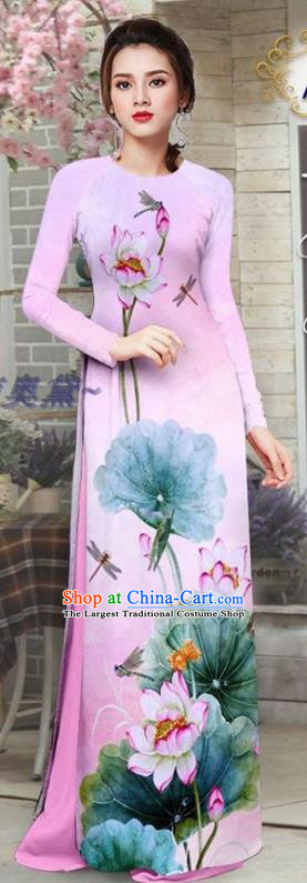 Custom Asian Vietnam Traditional Costume Printing Lotus Lilac Qipao Dress with Pants Vietnamese Ao Dai Uniforms