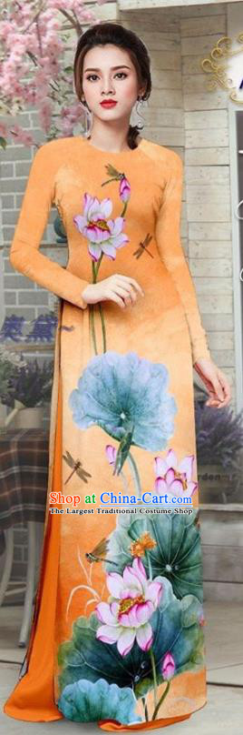 Custom Asian Vietnam Ao Dai Uniforms Vietnamese Traditional Costume Printing Lotus Orange Qipao Dress with Pants