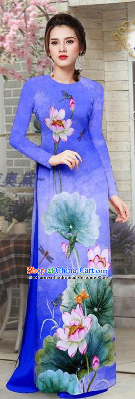 Custom Asian Vietnam Printing Lotus Royalblue Ao Dai Uniforms Vietnamese Traditional Qipao Dress with Pants Costume