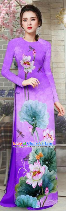 Custom Asian Traditional Purple Qipao Dress with Pants Vietnam Costume Vietnamese Printing Lotus Ao Dai Uniforms