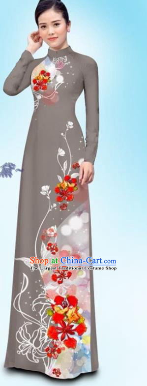 Traditional Vietnamese Clothing Female Grey Ao Dai Cheongsam and Pants Custom Asian Vietnam Qipao Dress Uniforms