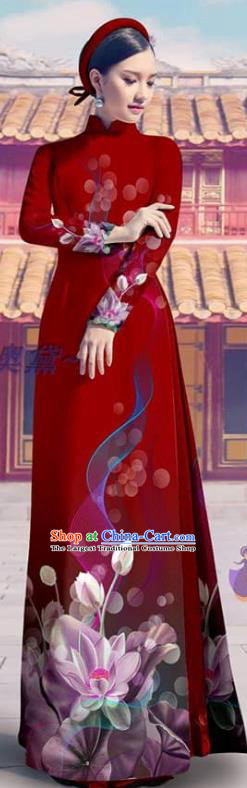 Asian Vietnamese Custom Red Ao Dai Dress Clothing Printing Cheongsam with Pants Traditional Vietnam Bride Costume
