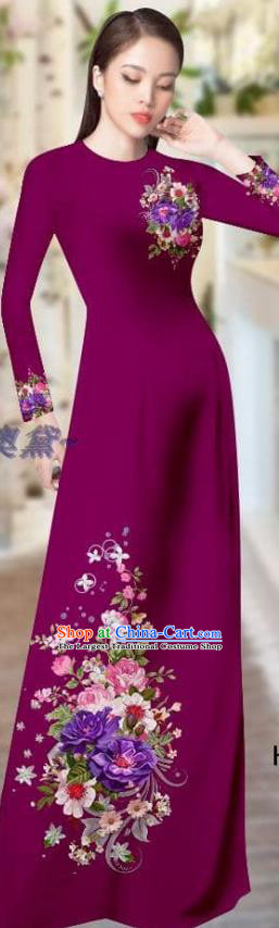 Vietnam Traditional Clothing Asian Vietnamese Custom Purple Ao Dai Dress Costume Printing Cheongsam with Pants