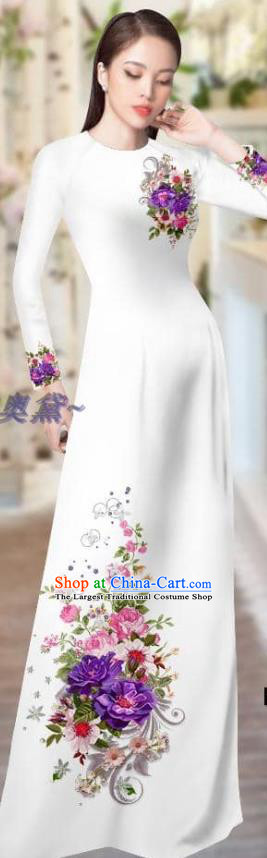 Vietnam Printing Cheongsam with Pants Traditional Clothing Asian Vietnamese Costume Custom White Ao Dai Dress