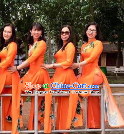 Asian Vietnam Wedding Costume Traditional Vietnamese Clothing Printing Chrysanthemum Ao Dai Dress Cheongsam with Pants Custom Uniforms