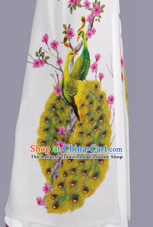 Custom Bride White Cheongsam Asian Vietnam Classical Peacock Pattern Ao Dai Dress with Pants Uniforms Traditional Vietnamese Clothing