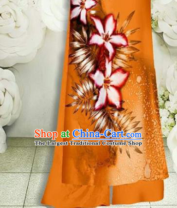 Vietnamese Female Classical Orange Qipao Dress with Pant Vietnam Cheongsam Ao Dai Clothing Traditional Oriental Fashion