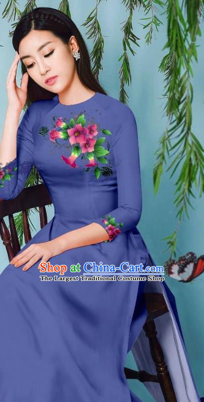 Asian Vietnam Cheongsam with Loose Pants Traditional Vietnamese Beauty Fashion Blue Ao Dai Clothing Long Dress