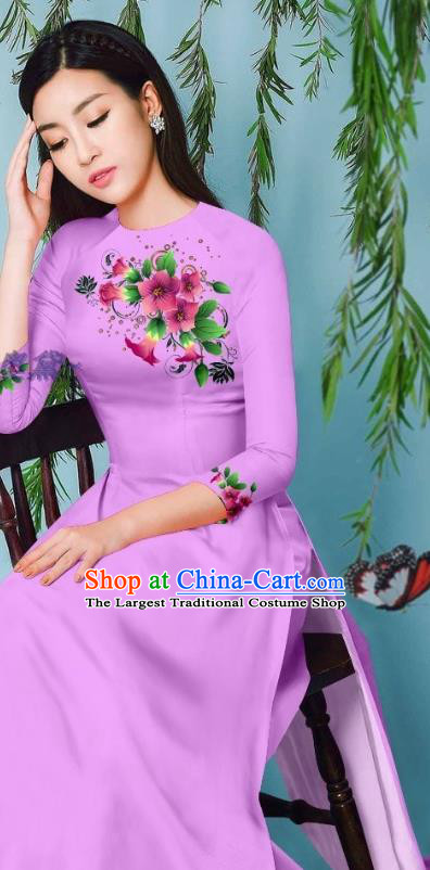 Asian Vietnam Ao Dai Clothing Long Dress Traditional Vietnamese Beauty Fashion Violet Cheongsam with Loose Pants