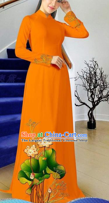 Vietnam Orange Cheongsam Vietnamese Ao Dai Dress Traditional Classical Costumes Asian Clothing Women Qipao with Pants Two Piece Set