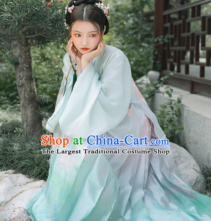 Chinese Ancient Ming Dynasty Costumes Traditional Hanfu Dress Embroidered Green Blouse and Horse Face Skirt for Noble Women