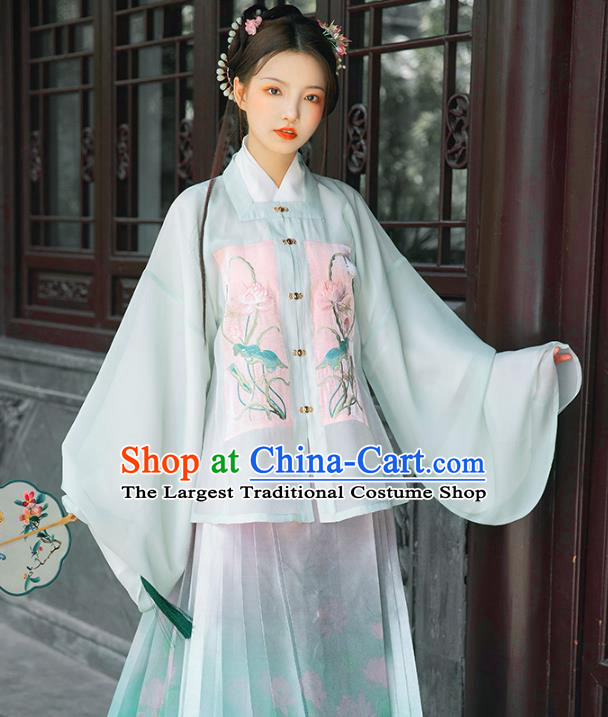 Chinese Ancient Ming Dynasty Costumes Traditional Hanfu Dress Embroidered Green Blouse and Horse Face Skirt for Noble Women