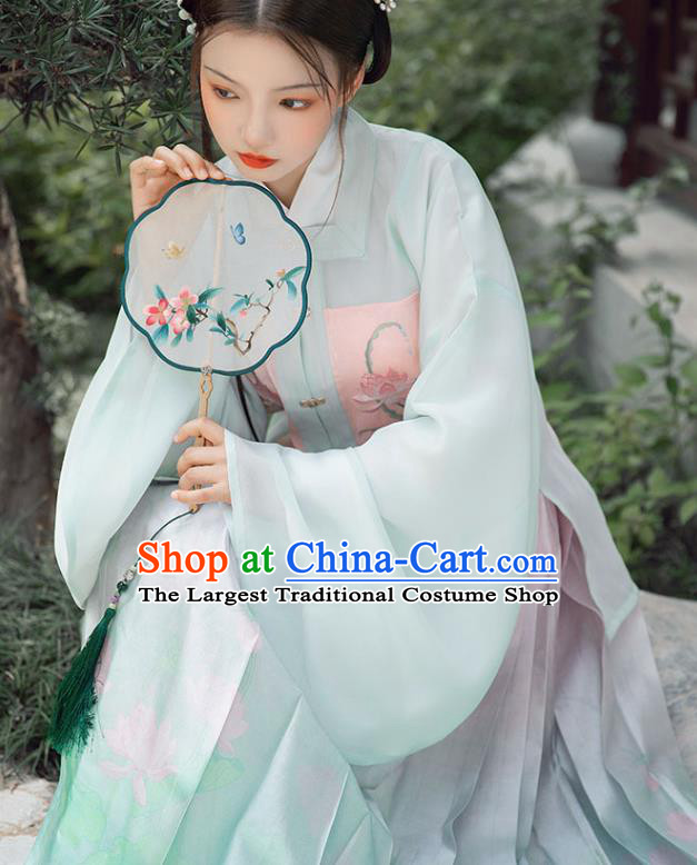 Chinese Ancient Ming Dynasty Costumes Traditional Hanfu Dress Embroidered Green Blouse and Horse Face Skirt for Noble Women