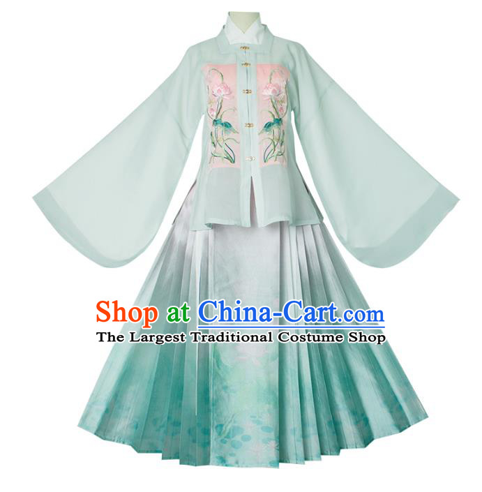 Chinese Ancient Ming Dynasty Costumes Traditional Hanfu Dress Embroidered Green Blouse and Horse Face Skirt for Noble Women