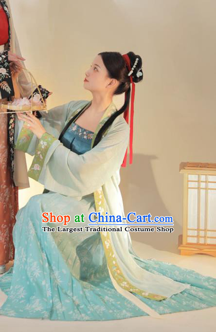 Chinese Traditional Hanfu Dress Ancient Costumes Song Dynasty Young Lady Embroidered BeiZi Top and Blue Skirt for Female