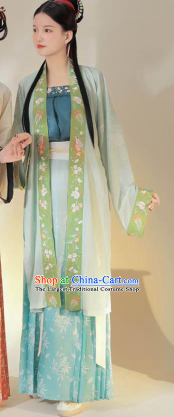 Chinese Traditional Hanfu Dress Ancient Costumes Song Dynasty Young Lady Embroidered BeiZi Top and Blue Skirt for Female