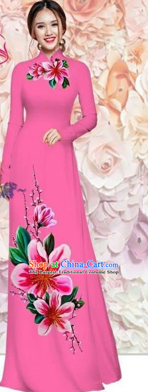 Traditional Vietnamese Women Clothing Asian Vietnam Custom Qipao with Pants Classical Printing Cheongsam Pink Ao Dai Dress