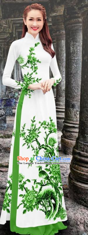 Custom Cheongsam Fashion Qipao Dress with Light Green Pants Asian Vietnam Women Clothing Traditional Vietnamese Ao Dai Two Piece Set