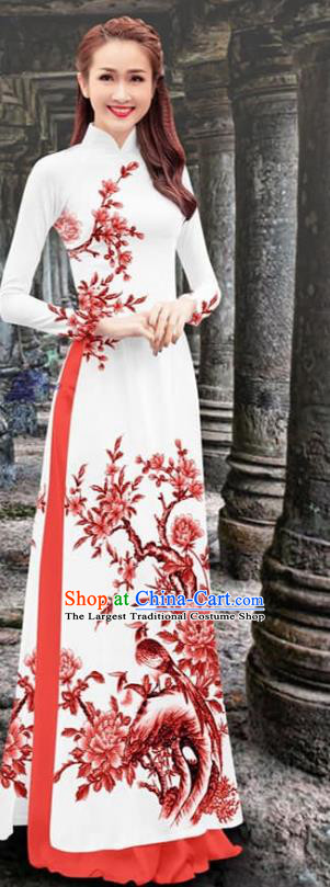 Khaki Vietnam Fashion Two Piece Set Traditional Vietnamese Ao Dai Qipao  Dress with Loose Pants