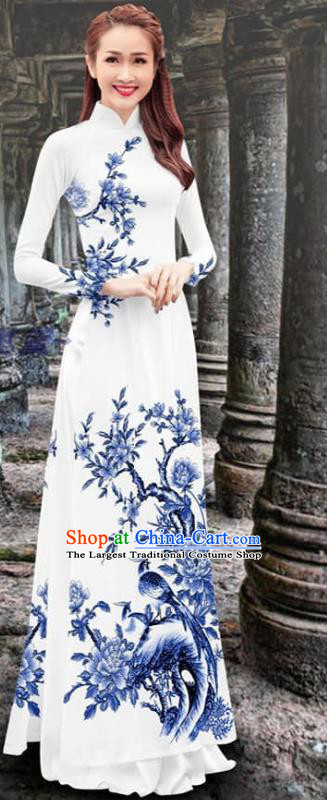 Vietnam Printing Blue Flower Bird Cheongsam Qipao Dress with Loose Pants Vietnamese Traditional Ao Dai Costume