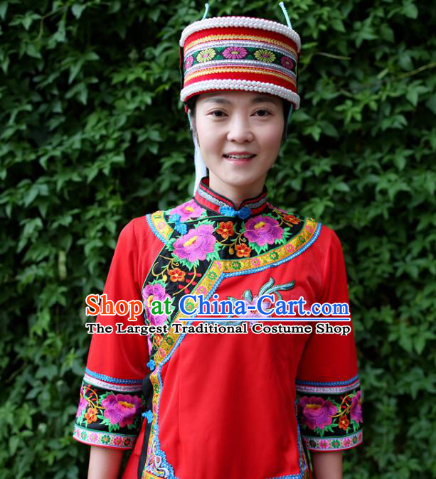 China Traditional Yi Nationality Clothing Ethnic Women Folk Dance Red Blouse and Short Pleated Skirt Custom Fashion
