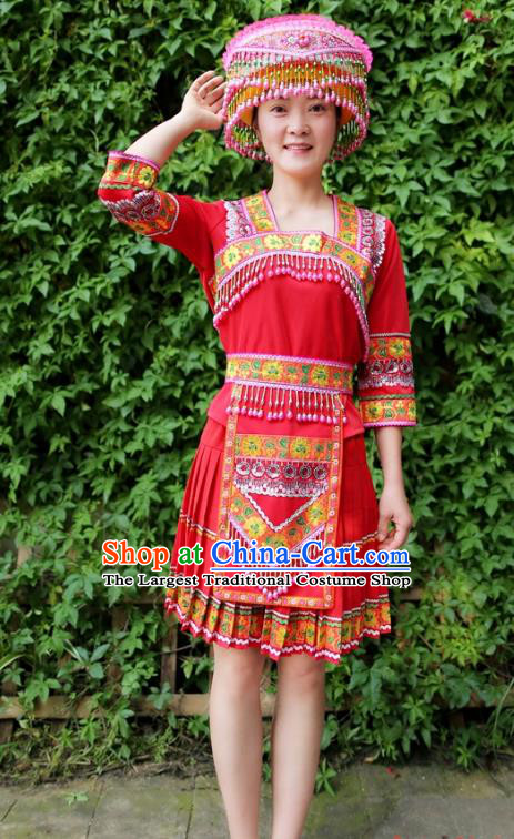 China Ethnic Women Clothing Traditional Miao Nationality Folk Dance Red Blouse and Short Pleated Skirt with Hat