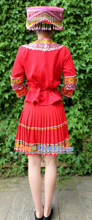 China Ethnic Women Clothing Traditional Miao Nationality Folk Dance Red Blouse and Short Pleated Skirt with Hat